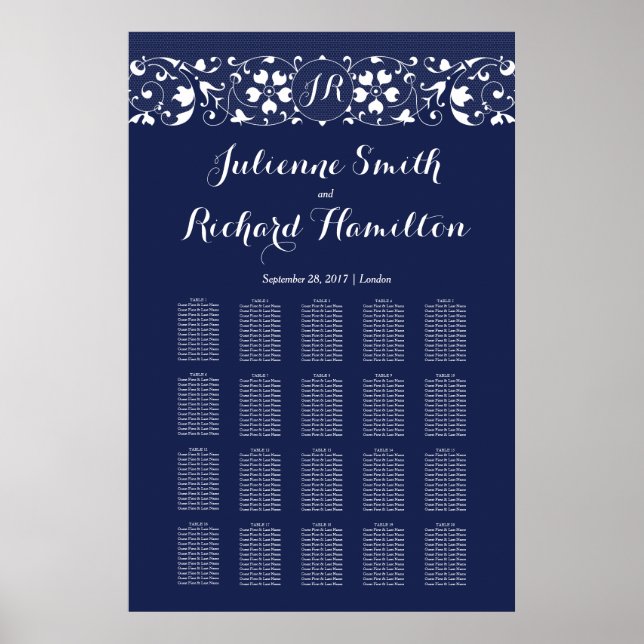 Lace | Monogram Wedding 20 Tables Seating Chart (Front)