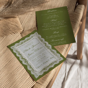 Lace Olive Green Old Money All In One Wedding Invitation