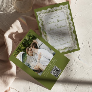 Lace Olive Green Old Money Photo QR Code Wedding Invitation