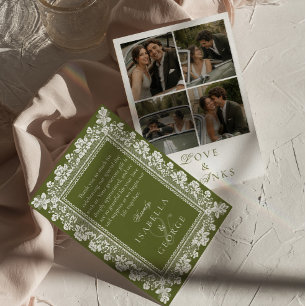Lace Olive Green Old Money Wedding Photo Collage Thank You Card
