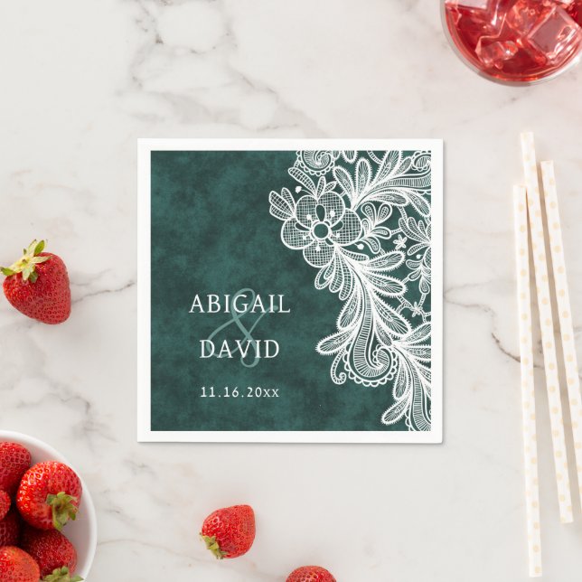Lace on Emerald Green Faux Velvet Wedding Napkin (Insitu)