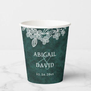 Lace on Emerald Green Faux Velvet Wedding Paper Cups