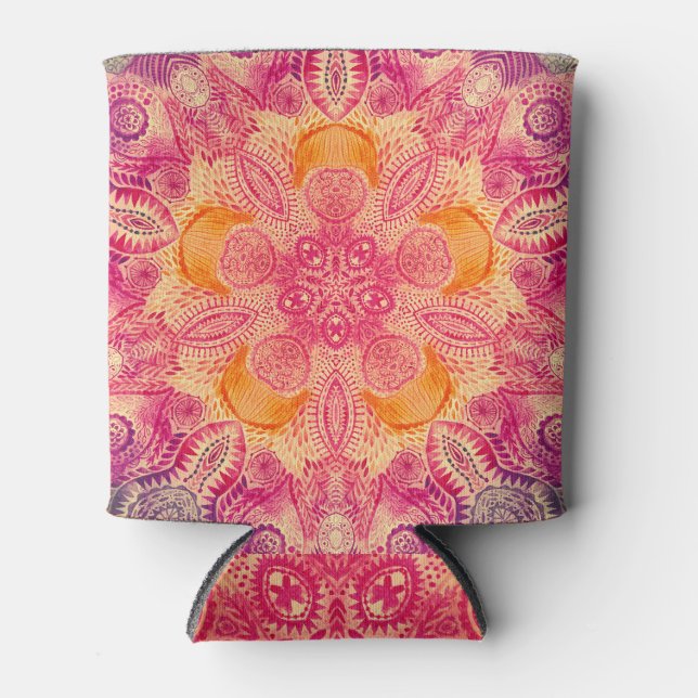 Lace Ornament Mandala: Round Watercolor Design Can Cooler (Front)