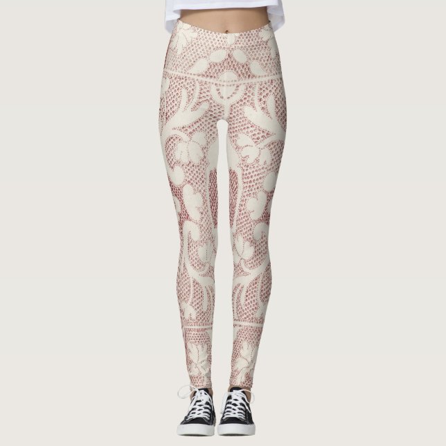 lace pattern, vintage etching, pink and white leggings (Front)