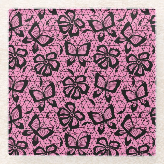 lace pattern with butterflies glass coaster (Front)