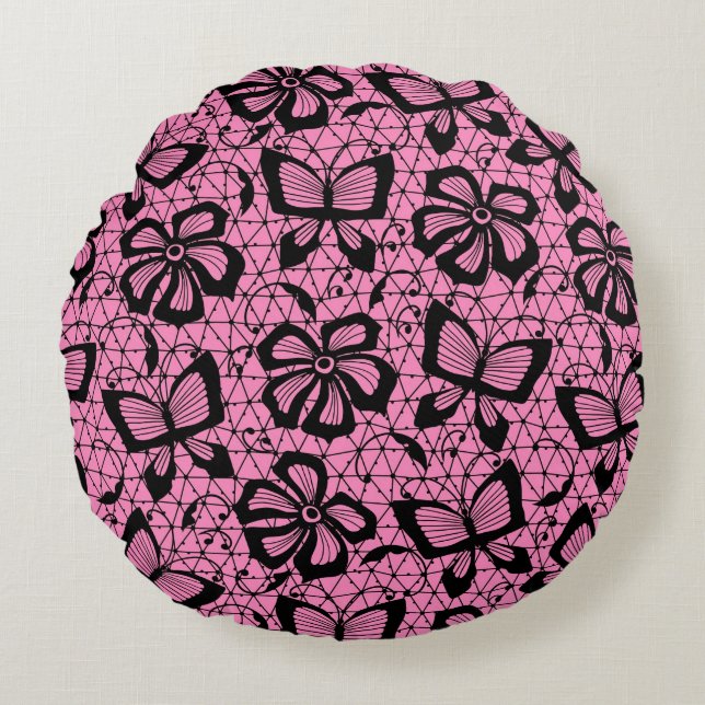lace pattern with butterflies round pillow (Front)