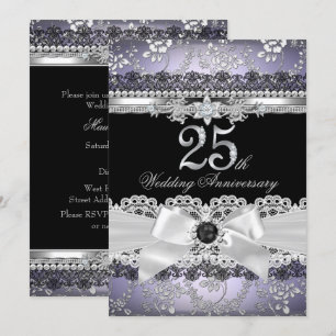 Lace Pearl Bow Silver Purple 25th Anniversary Invitation