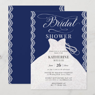 Lace Pearls Bridal Dress Navy Blue Bridal Shower Invitation