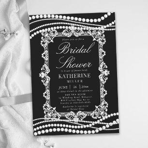 Lace Pearls Classic Black White Chic Bridal Shower Invitation