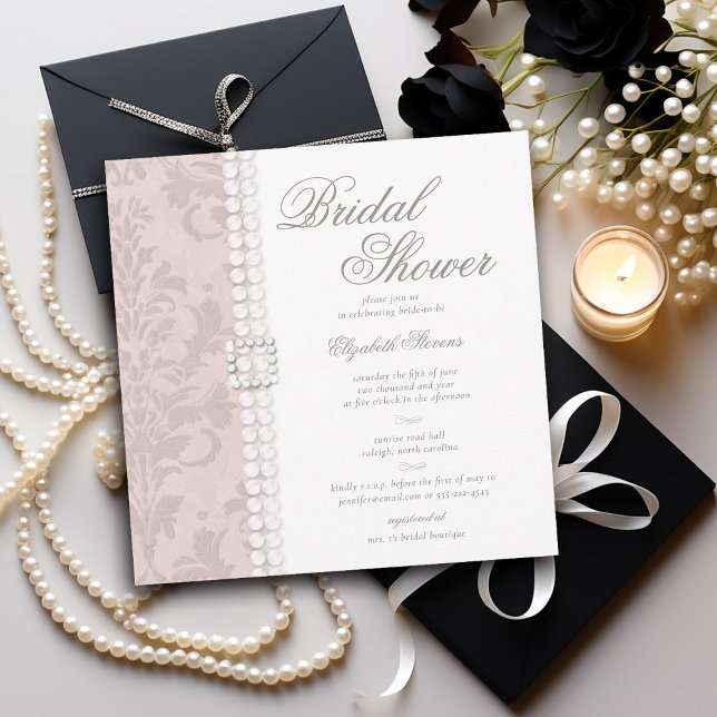 Lace Pearls Damask Pink Chic Elegant Bridal Shower Invitation (lace and pearls bridal shower invitation pink blush white black elegant formal modern classic)