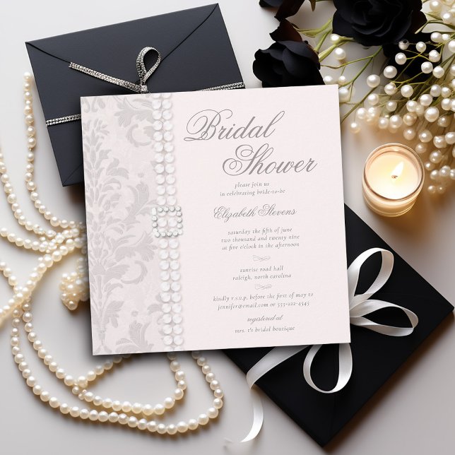 Lace Pearls Damask Pink Elegant Chic Bridal Shower Invitation (lace and pearls bridal shower invitation pink white black elegant formal modern classic)