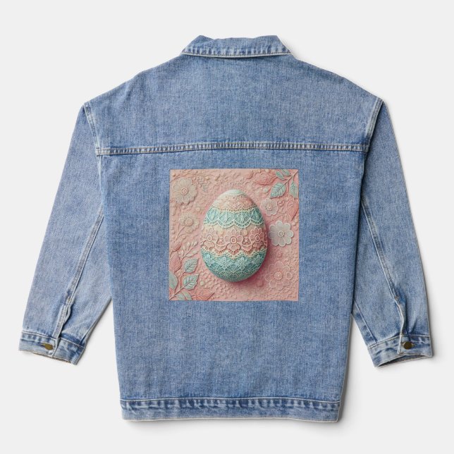 Lace pink blue pastel floral Easter egg drawing  Denim Jacket (Back)