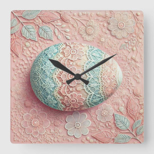 Lace pink blue pastel floral Easter egg drawing  Square Wall Clock