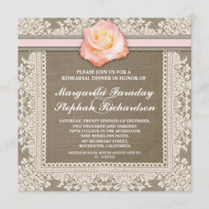 lace pink rose & burlap rehearsal dinner invites