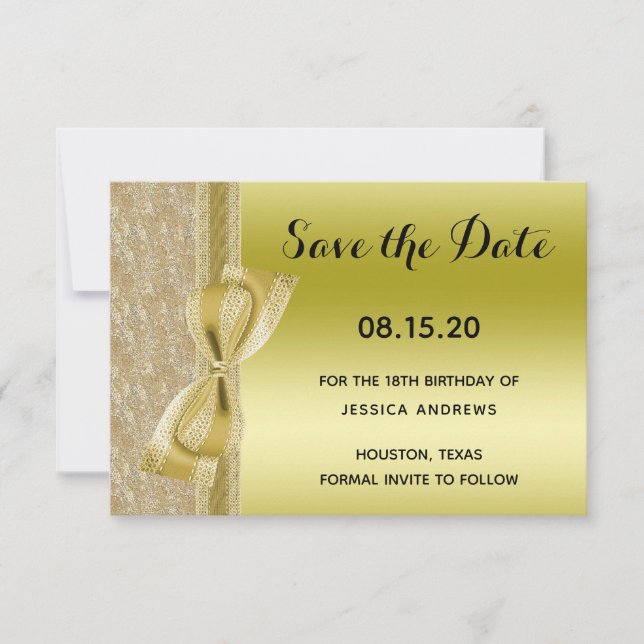 Lace Ribbon & Bow Gold Glitter Sequin 18th Save The Date (Front)