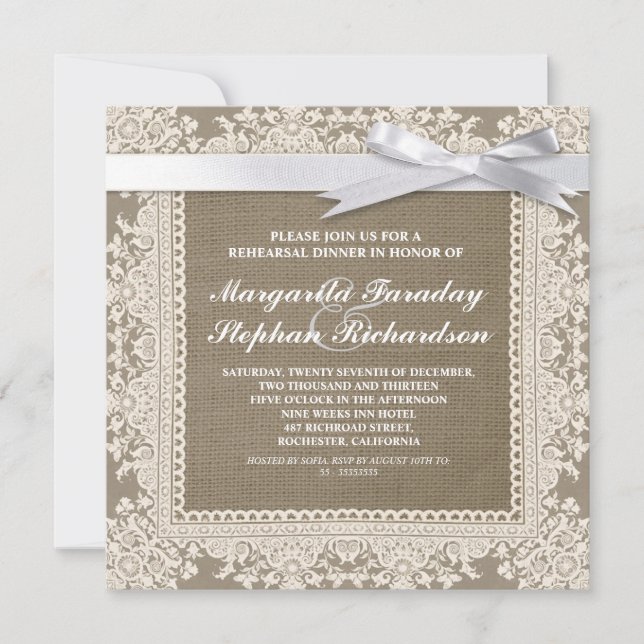 lace ribbon & burlap rehearsal dinner invitations (Front)