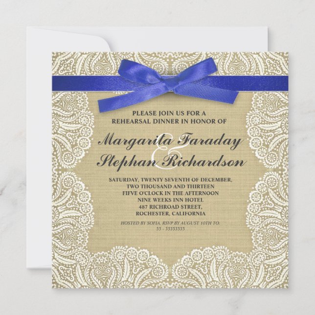 lace ribbon & burlap rustic rehearsal dinner invitation (Front)