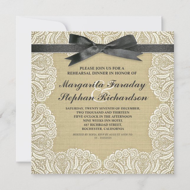 lace ribbon & burlap rustic rehearsal dinner invitation (Front)
