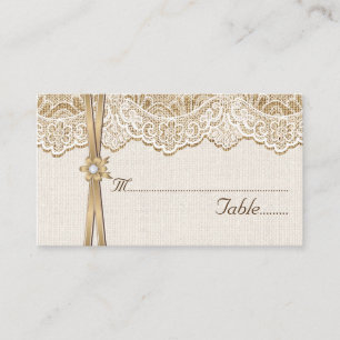 Lace, ribbon & flower on burlap wedding place card