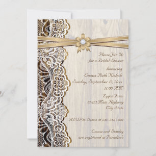 Lace, ribbon flower & wood wedding bridal shower invitation