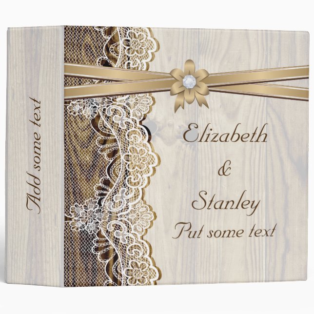 Lace, ribbon flower & wood wedding planner binder (Front/Spine)