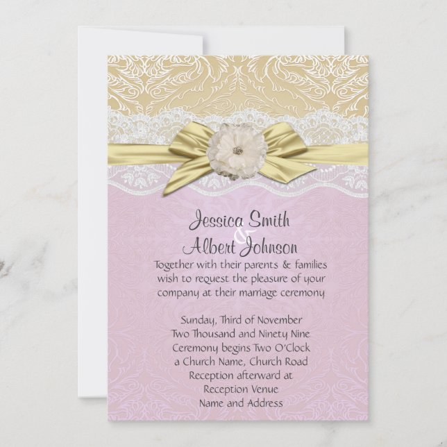 Lace Ribbon Gold/Lavender Damask Wedding Invite (Front)