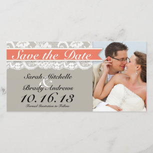Lace Ribbon Grey and Coral Save the Date