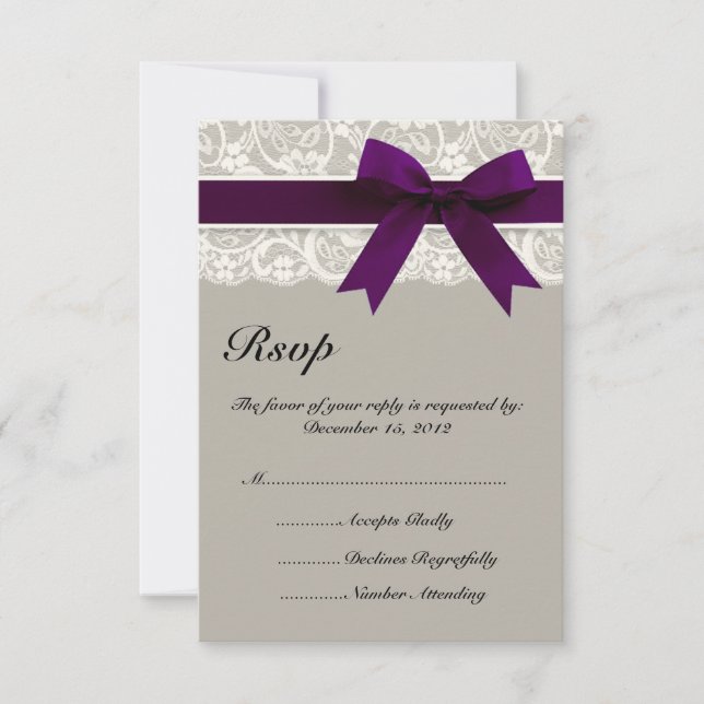 Lace Ribbon Grey and Plum RSVP Card (Front)
