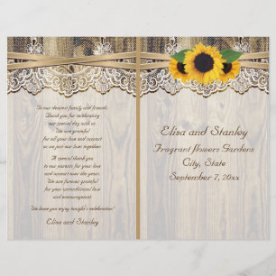 Lace ribbon & sunflowers on wood wedding program