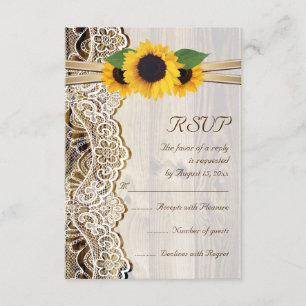 Lace, ribbon & sunflowers on wood wedding RSVP Card