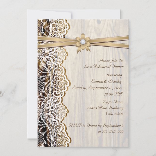 Lace ribbon & wood wedding rehearsal dinner invitation (Front)