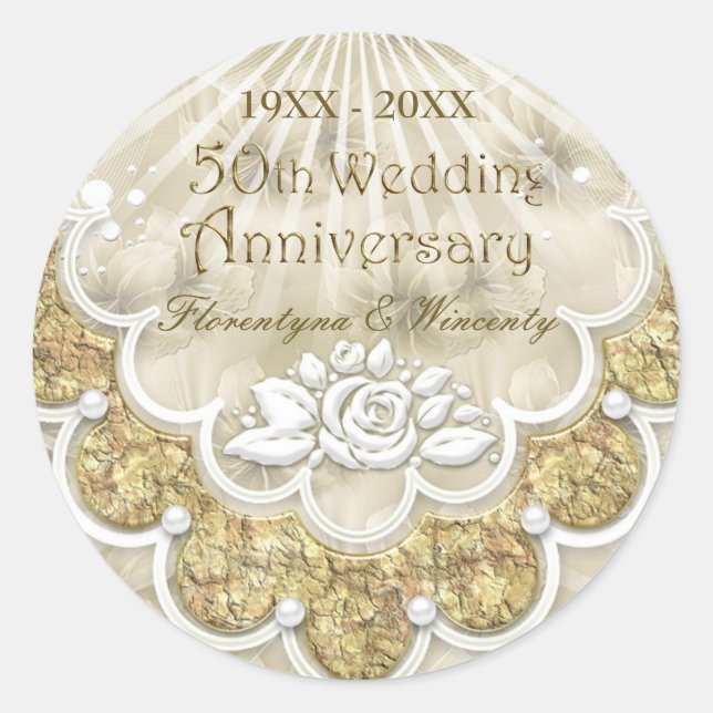 Lace, rose, pearl effect 50th Wedding Anniversary Classic Round Sticker (Front)