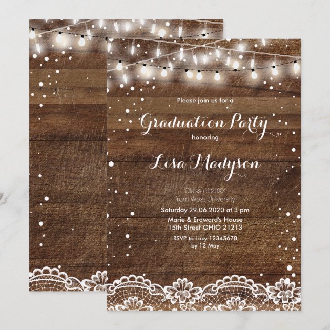Lace String Lights Graduation Party Card Rustic (Front/Back)