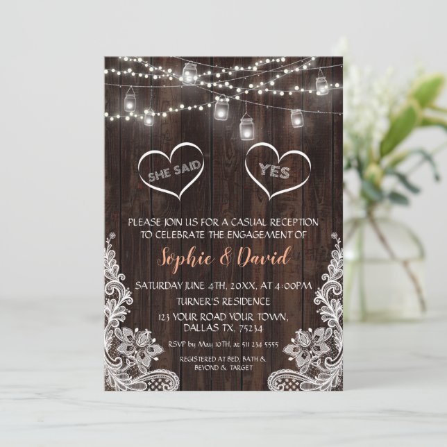 Lace String Lights Wood She Said Yes Engagement Invitation (Standing Front)