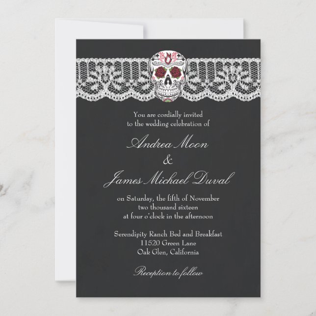 Lace Sugar Skull Chalkboard Wedding Invitations (Front)