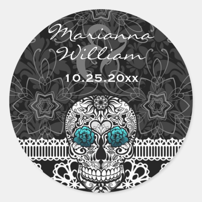 Lace Sugar Skull Day of the Dead Save the Date Classic Round Sticker (Front)