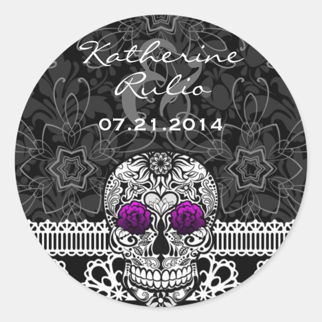 Lace Sugar Skull Day of the Dead Save the Date Classic Round Sticker (Front)