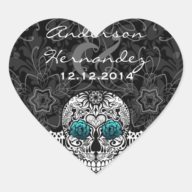 Lace Sugar Skull Day of the Dead Save the Date Heart Sticker (Front)