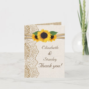 Lace, sunflowers and burlap wedding Thank You Card