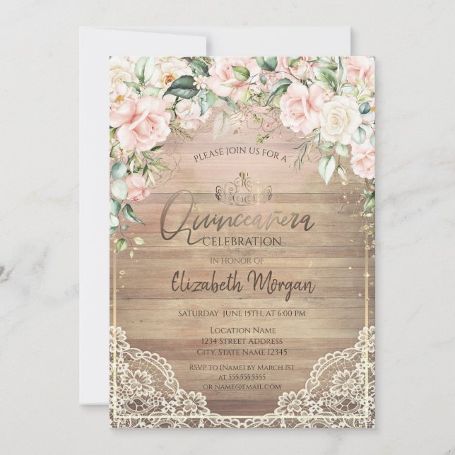  Lace,Tiara,Lights,Wood Pink Roses Quinceañera  Invitation (Front)