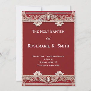 Lace Trim Look Red Baptism Invitation