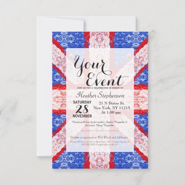 Lace Union Jack England Flag in Red, White, Blue Invitation (Front)
