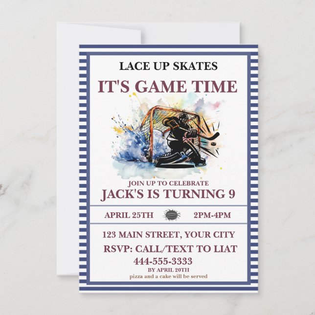 "Lace Up Skates, It's Game Time" Ice Hockey  Invitation (Front)