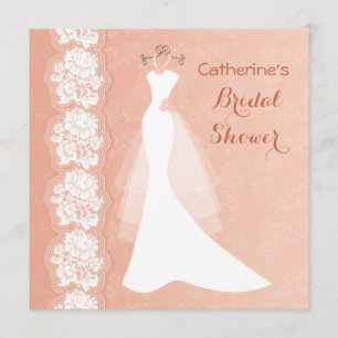 Lace, wedding dress on coral Bridal Shower Invite