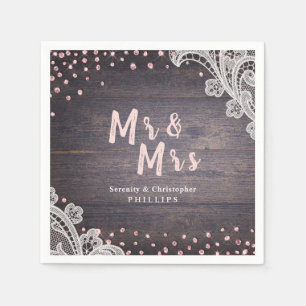 Lace wood blush glitter Mr and Mrs rustic wedding Napkin
