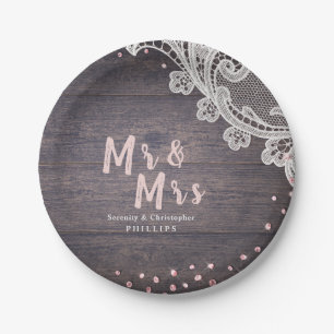 Lace wood blush glitter Mr and Mrs rustic wedding Paper Plate