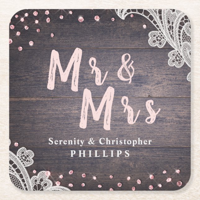 Lace wood blush glitter Mr and Mrs rustic wedding Square Paper Coaster (Front)