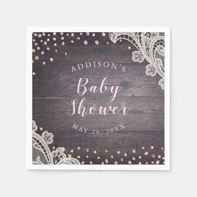 Lace wood blush glitter rustic baby shower napkin (Front)