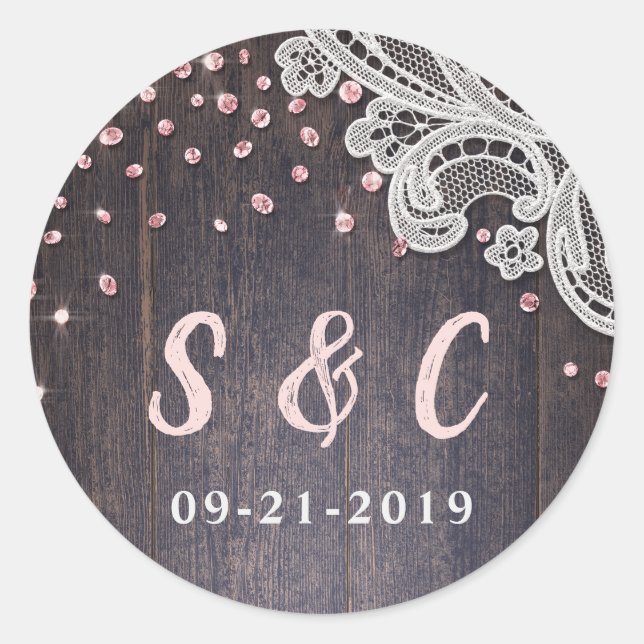 Lace wood blush glitter rustic wedding monogram classic round sticker (Front)