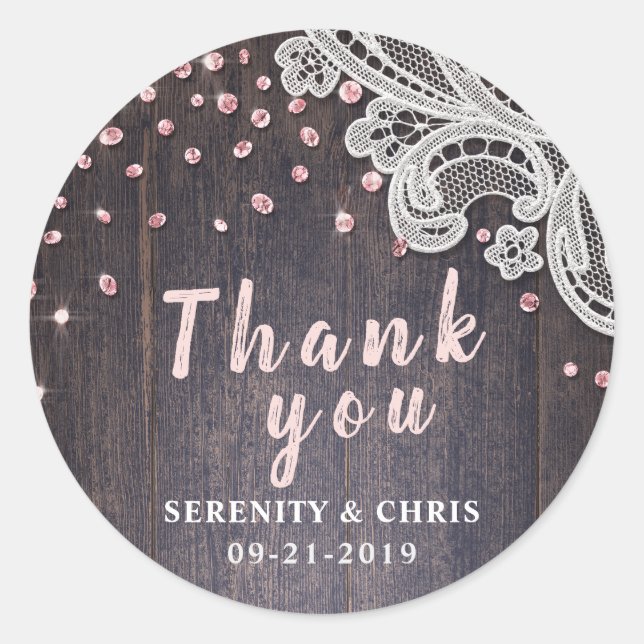Lace wood blush glitter rustic wedding thank you classic round sticker (Front)
